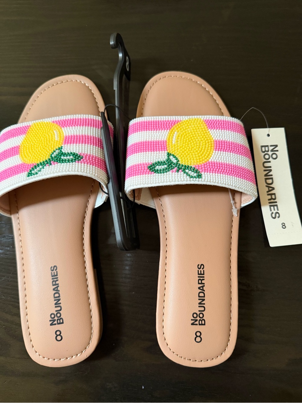 No Boundaries Pink and White Striped Lemon Slide Sandals. New!
